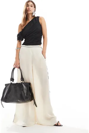 Lioness Satin contrast pipping wide leg pants in ivory