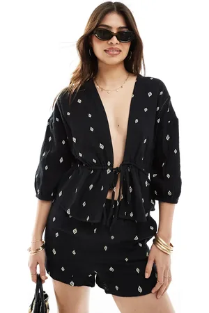 ONLY Cotton tie front top with leaf print in - part of a set