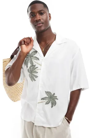 Only & Sons Camp collar shirt with palm print in off