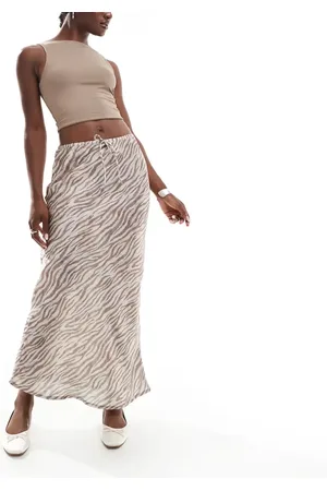 Stradivarius Satin midi skirt in neutral zebra print