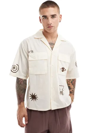 Only & Sons Camp collar shirt with doodle print in beige