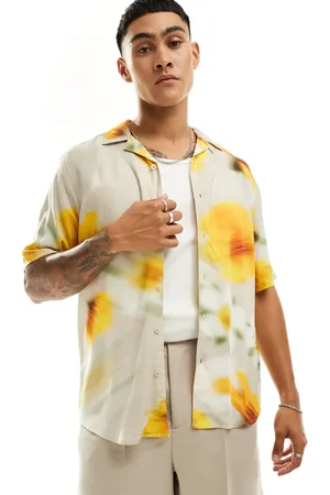 Only & Sons Revere collar viscose shirt with blurred floral print in beige