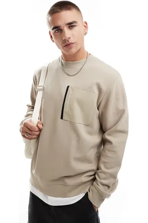 JACK & JONES Oversized washed crew neck sweatshirt with nylon pocket in beige