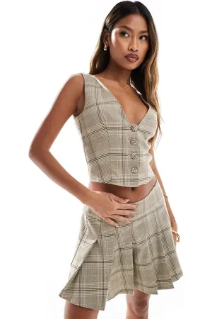 Kaiia Tailored vest in beige plaid - part of a set