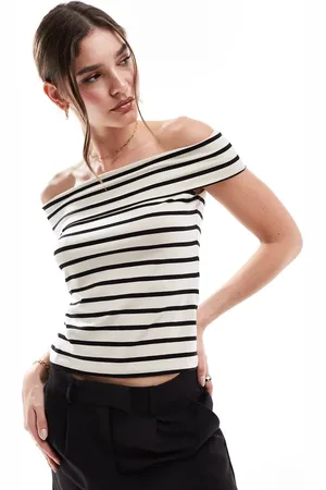 VERO MODA Aware off the shoulder jersey top in black and cream stripe