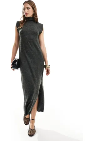 ASOS Supersoft turtle neck maxi dress with shoulder pads in charcoal