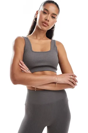 ASOS Icon seamless ribbed medium support sports bra with square neck in steel
