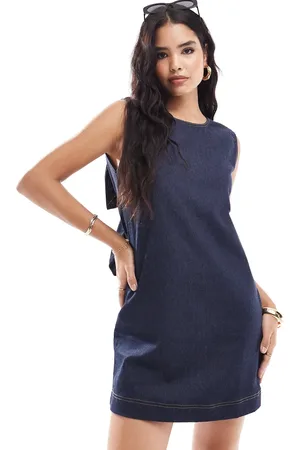 Object Denim mini dress with bow back in dark