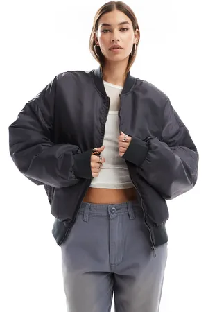 Lioness Oversized puffer zip through bomber jacket in charcoal
