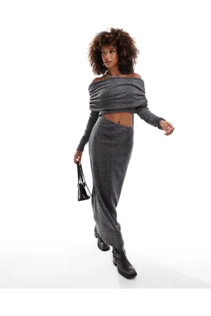 ASOS Fluffy ribbed bardot faux-ord midaxi dress in charcoal heather