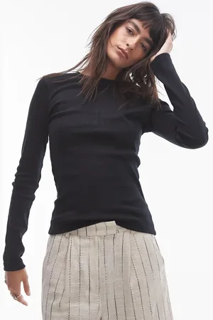 Topshop Picot trim pointelle long sleeve top in black