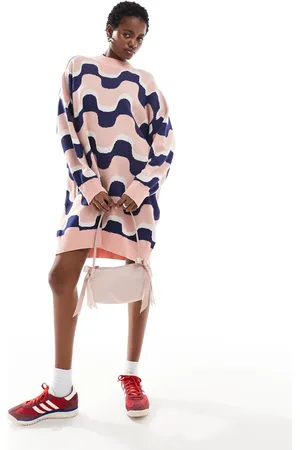 Monki Oversized knit mini dress in blue and pink wavy stripe pattern jacquard