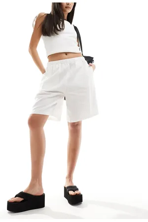 Weekday Evine linen blend longer length shorts with raw hem in beige