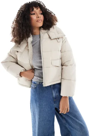 Stradivarius STR cropped puffer jacket in ecru