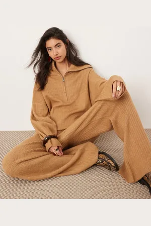 ASOS Knit rib half zip oversized collar sweater in camel - part of a set