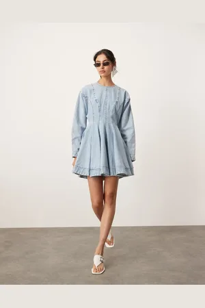 ASOS Denim long sleeve mini dress with seam details in bleach wash