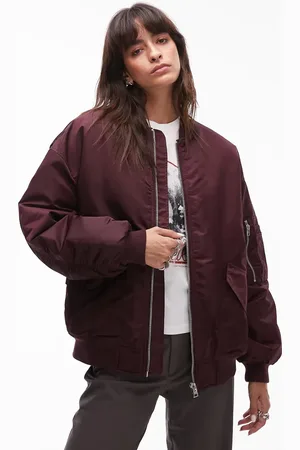 Topshop Nero collar nylon bomber jacket in burgundy