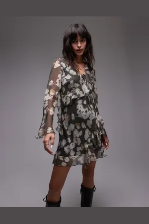 Topshop Long sleeve frill mini tea dress in watercolor floral