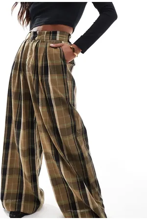Noisy May High waist wide leg pants with pleat detail in khaki check
