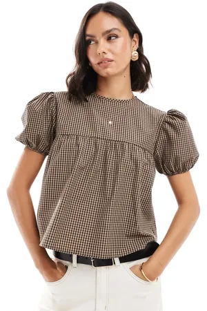 ASOS Baby doll puff sleeve tie back top in plaid