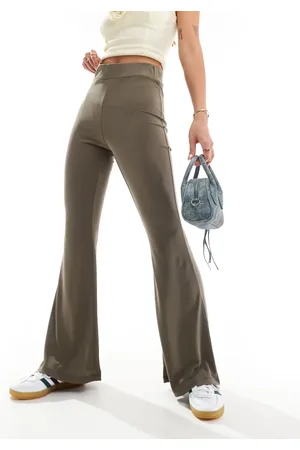 Monki Super soft low waist flare jersey pants in khaki brown