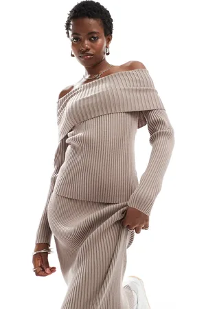 Glamorous Off-shoulder rib knit sweater in taupe - part of a set