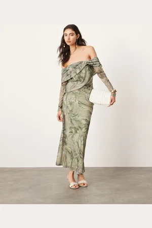 ASOS Jersey mesh off shoulder midi dress with layered detail in landscape print