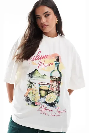 ASOS ASOS DESIGN Curve boyfriend fit t-shirt with tequila drink tulum graphic in cream