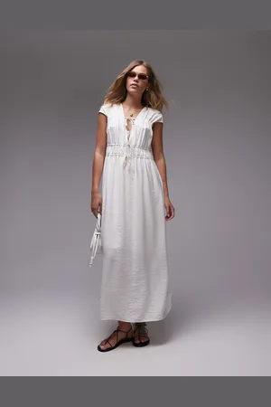 Topshop Tie front tiered midi dress in ivory