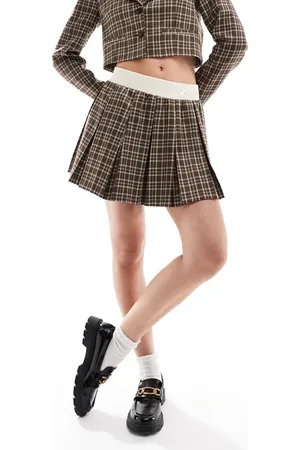 Miss Selfridge Tailored rib trim pleated mini skirt in check in brown check - part of a set