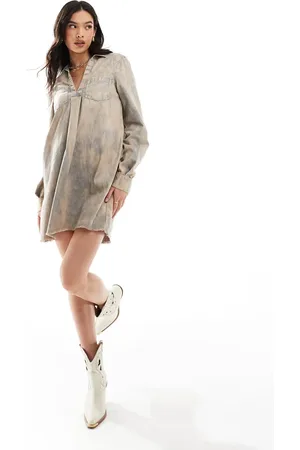 ASOS Cotton twill pocket shift mini dress with raw hem in washed denim blue