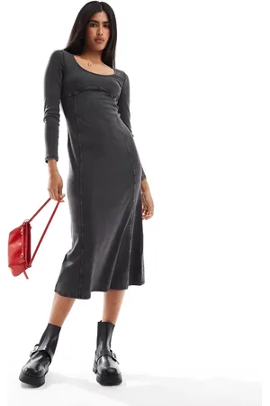 Miss Selfridge Long sleeve corset scoop maxi dress in washed charcoal