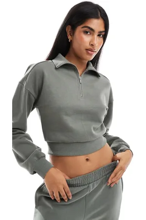 Miss Selfridge Half zip crop sweatshirt in sage - part of a set