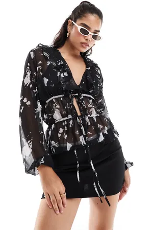 ASOS Ruffle chiffon blouse with ties in mono floral