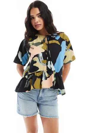 ASOS Smock tie front top in arty abstract print