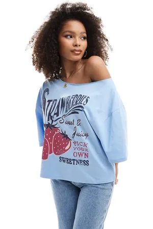 ASOS Relaxed off shoulder T-shirt with strawberry graphic in