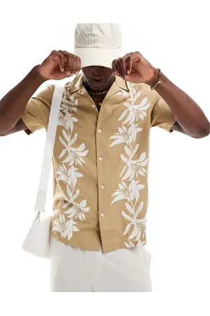 French Connection French Connection short sleeve floral print camp collar shirt in stone
