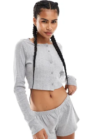 Monki Cropped button up cotton cardigan in melange