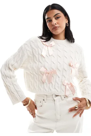Miss Selfridge Satin bow detail knitted sweater in oatmeal