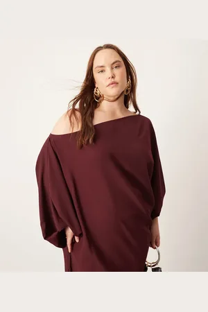 ASOS Curve satin slouchy off the shoulder maxi dress in burgundy