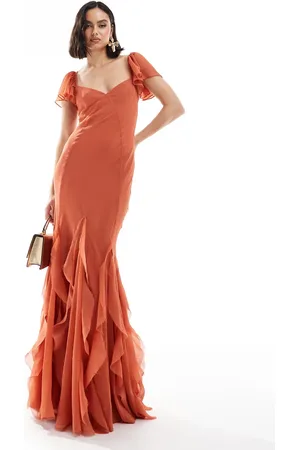 ASOS Flutter sleeve maxi dress with ruffle panels in rust