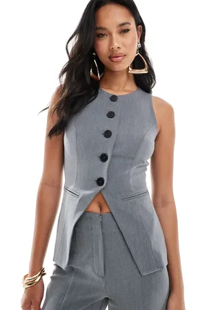 Kaiia Button detail split front vest in charcoal - part of a set