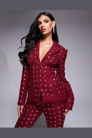 ASOS Embellished boucle blazer with faux feather hem in Burgundy - part of a set