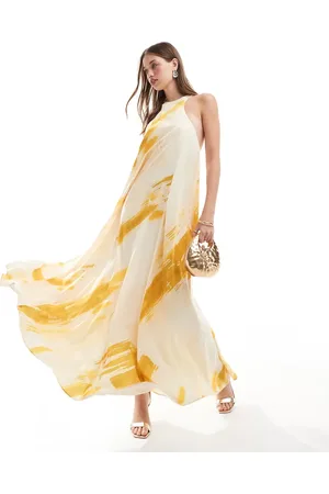 ASOS Satin racer trapeze volume maxi dress with gold hardware in marble print