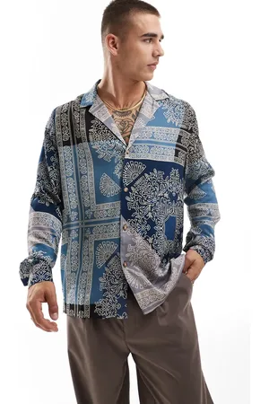 ASOS Relaxed deep revere shirt in spliced bandana print in blue