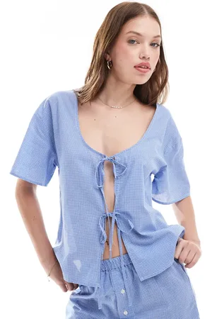 Luna Short sleeve tie front top pajama in gingham - part of a set