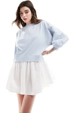 ASOS Sweatshirt mini dress with poplin skirt and embroidered sleeves in light wash