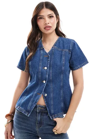 ASOS Denim button up short sleeve top in dark indigo