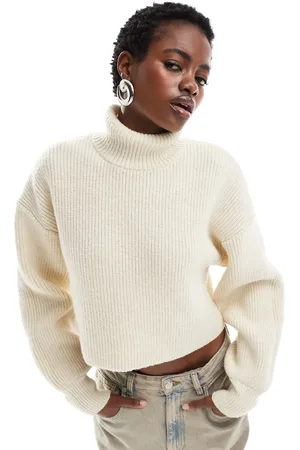 Monki Cropped high neck sweater in light beige melange