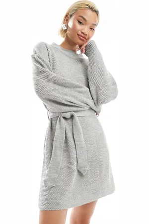 Glamorous Rib knit tie waist mini knitted dress in heather